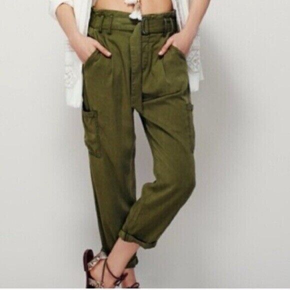 Free People Pants - Free People Size 8 Pants Soft Cargo Crop Belted Army Green High Rise Button Fly